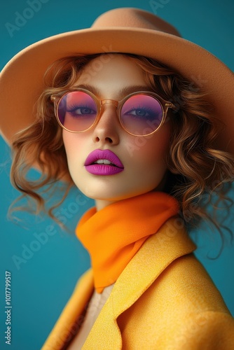 Fashion Portrait of Woman with Colorful Curly Hair, Hat, Sunglasses, Yellow Coat, and Orange Scarf – Vibrant Colors and Blue Background 