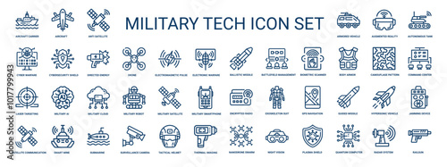 military technology line art icon set, missile ballistic battlefield armor