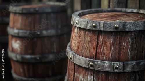 An image of stacked wooden barrels, usually used for aging whiskey or wine.