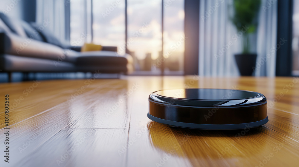 Robotic Vacuum Cleaner in Modern Living Room with Sunlit Hardwood Floors, AI Robotic Vacuum Cleaner in Modern Living Room with Sunlit Hardwood Floors, AI