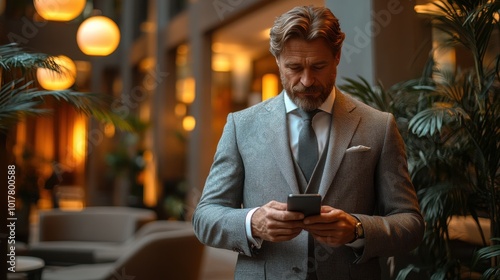 A contemplative businessman in a sleek grey suit examines his smartphone amidst a modern, softly-lit office lobby, exuding professionalism and focus.