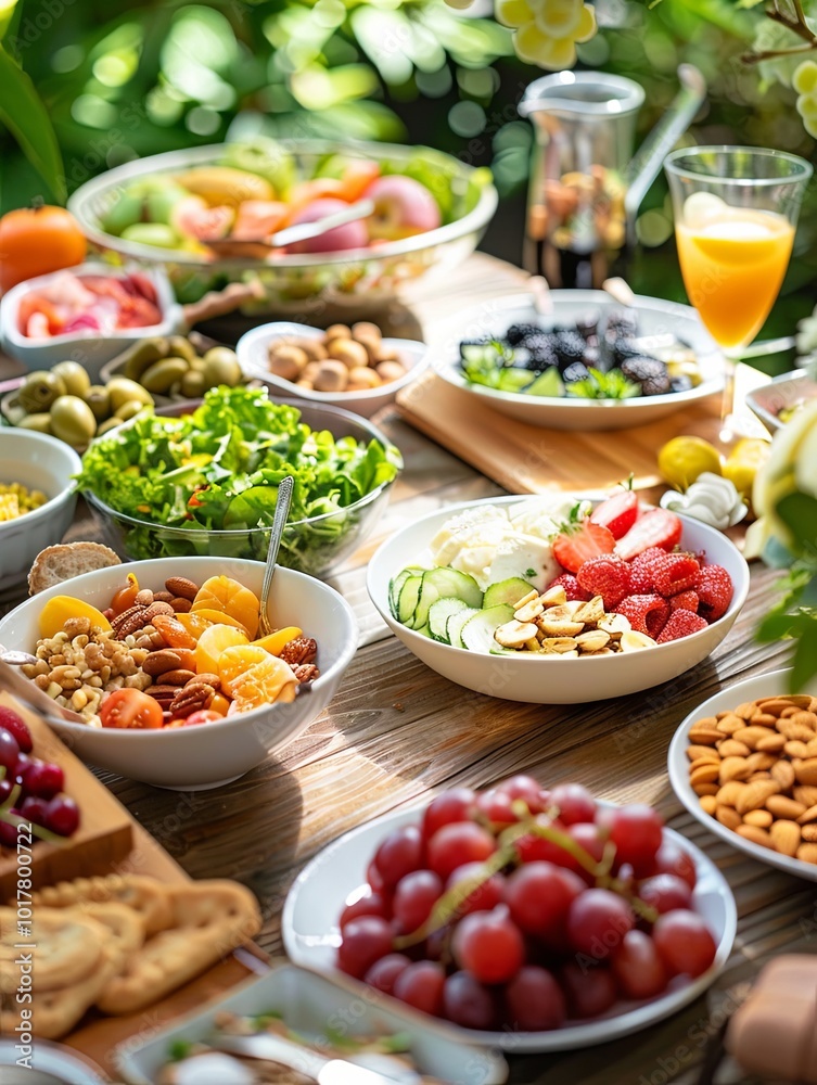Fresh fruits, colorful vegetables, nuts, and balanced meals decorate a wooden table, inviting everyone to enjoy healthy eating together. Generative AI Fresh fruits, colorful vegetables, nuts, and balanced meals decorate a wooden table, inviting everyone to enjoy healthy eating together. Generative AI