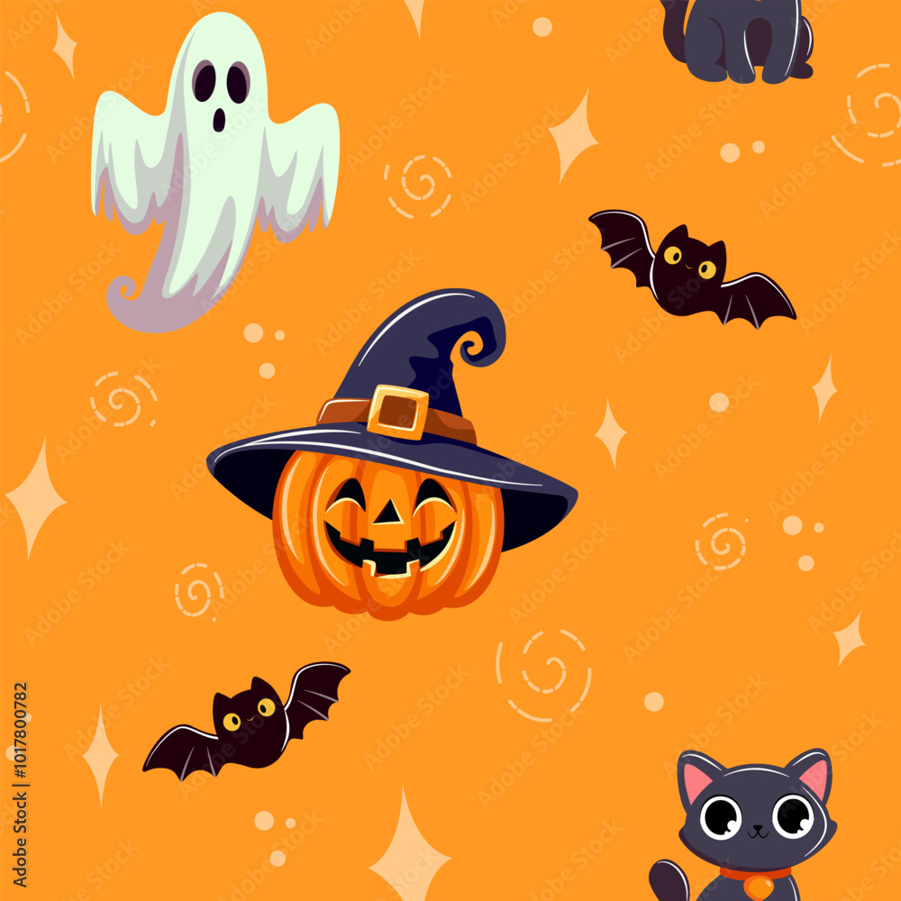 Fototapeta premium Halloween holiday seamless pattern background. Ghost, pumpkin, cat, hat and bat. 