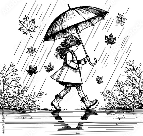 A little girl, wearing a raincoat, is walking in the pouring rain, holding an umbrella. A kindergarten age girl is happily skipping through the rain, holding an umbrella.