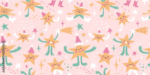 Seamless pattern with Cute abstract dancing shooting stars.  Hand drawn vector illustration. Naive childish design. Funny Christmas background, wrapping paper.