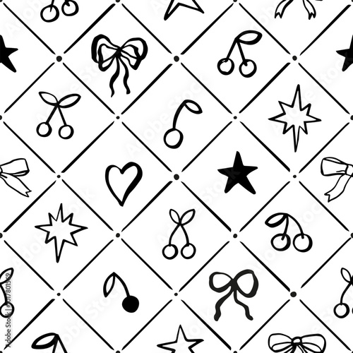 Seamless Christmas patterns with various doodle bows, stars, cherry in diamond rhombus shapes. Hand drawn vector illustration. Holiday wrapping paper, social media banner, vintage wallpaper.