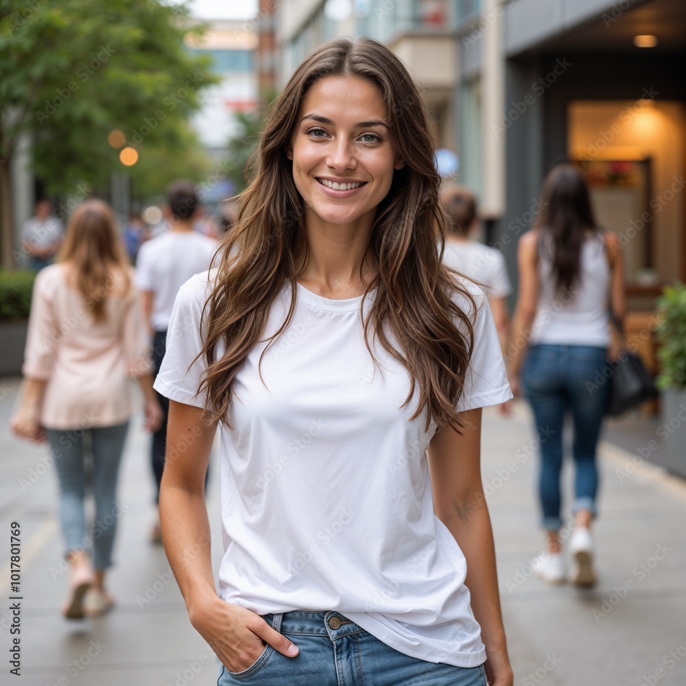 Confident young woman smiling in a casual outfit on a busy urban street Confident young woman smiling in a casual outfit on a busy urban street