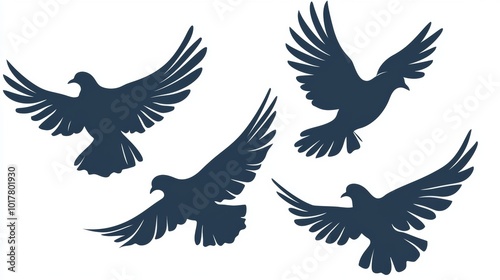 Illustration of pigeons flying on a white background. Modern.