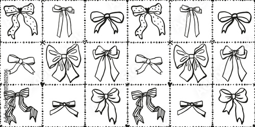 Seamless Christmas patterns with various  bow knots, gift ribbons in squares. Trendy hair braiding accessory. Hand drawn vector illustration. Holiday background, wrapping paper.