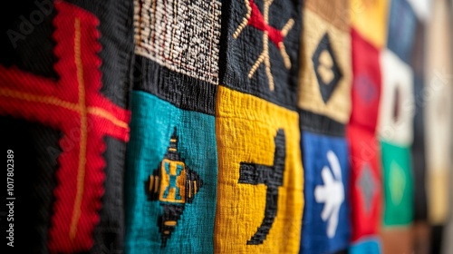 A vibrant textile display featuring colorful quilted patterns, showcasing cultural artistry and craftsmanship. photo