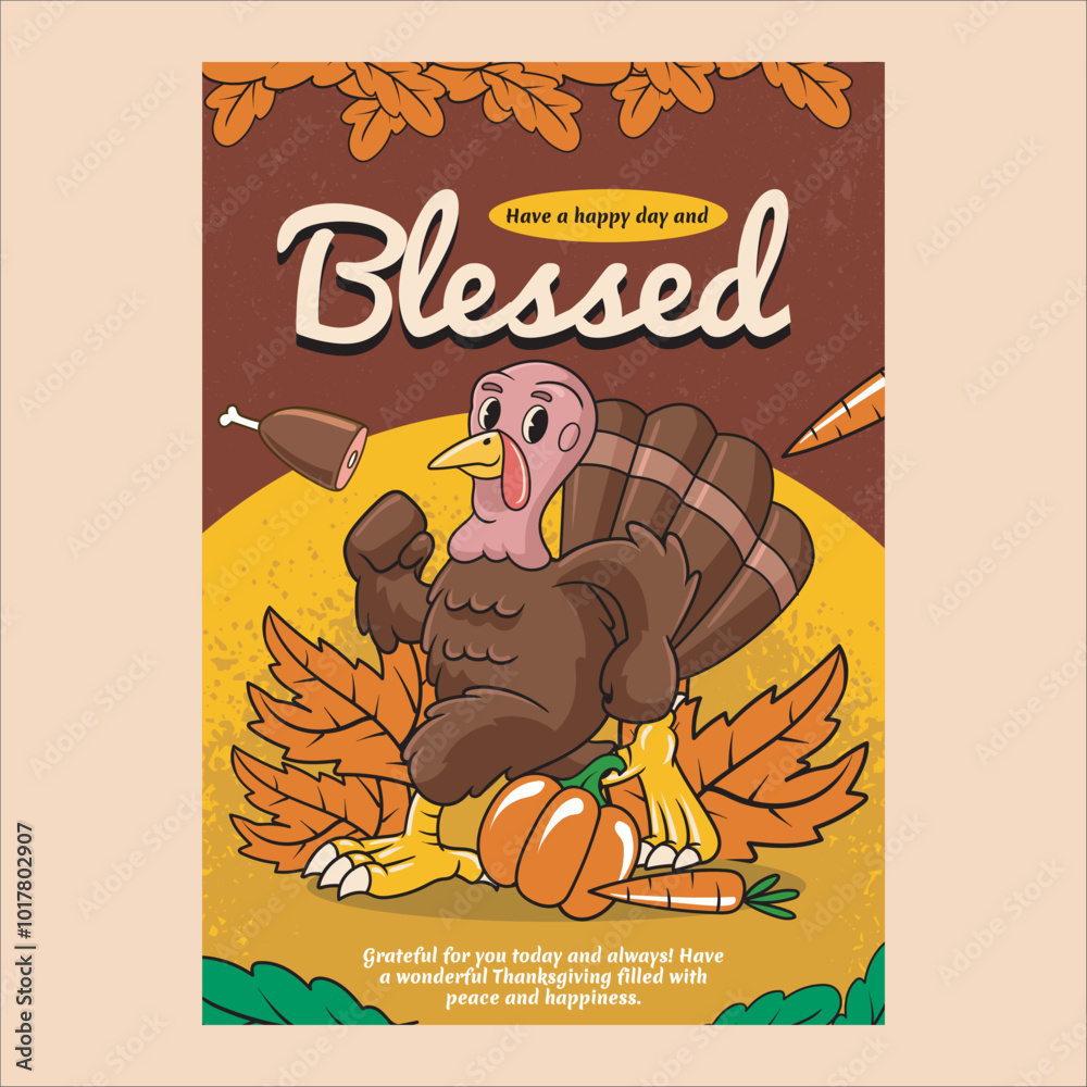 Obraz premium Thanksgiving Day poster with Turkey, Pumpkin, Autumn Leaves Mascot in Groovy Psychedelic Style Vintage Retro Cartoon Vector Illustration