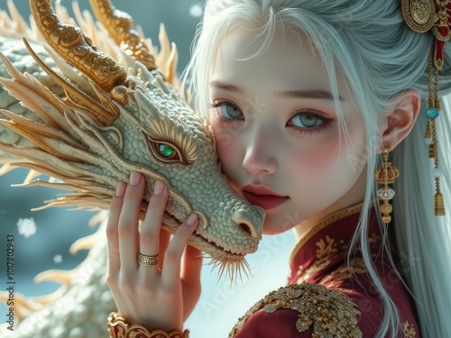 Portrait of young asian girl with golden dragon friend close up, fairy tale fantasy atmosphere, snowy gray background, Generative Ai photo