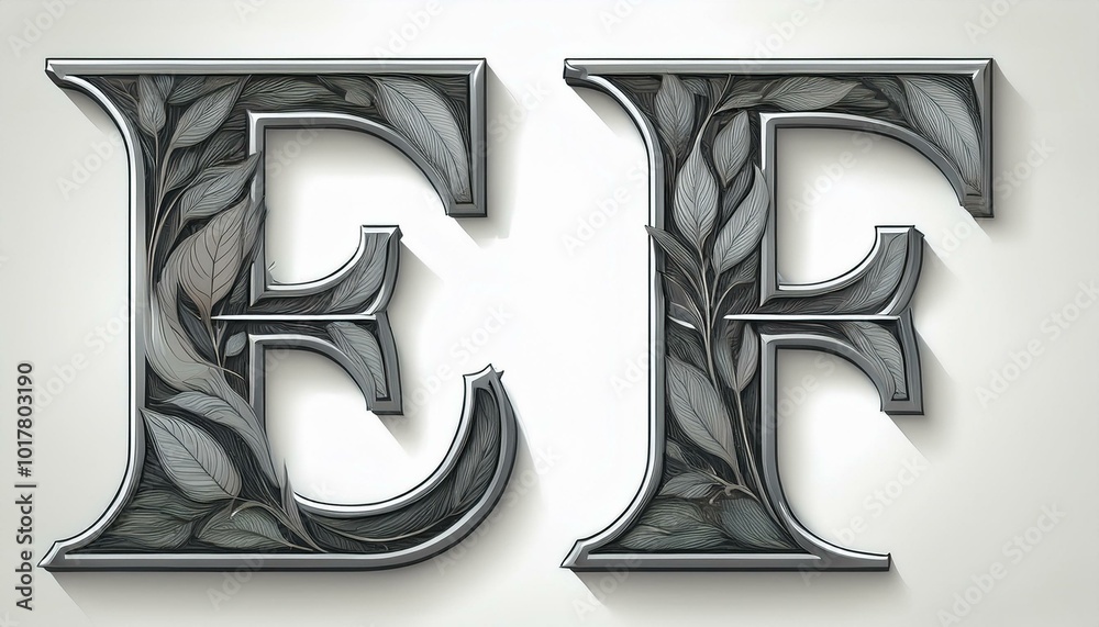 Letters E, F metal Alphabet Creative natural on white background Letters E, F metal Alphabet Creative natural on white background