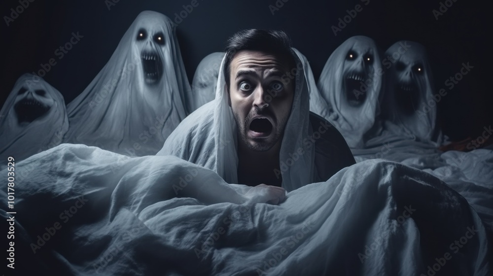 A terrified man in a dark room is surrounded by ghostly figures with glowing eyes, evoking a chilling sense of fear and suspense. A terrified man in a dark room is surrounded by ghostly figures with glowing eyes, evoking a chilling sense of fear and suspense.