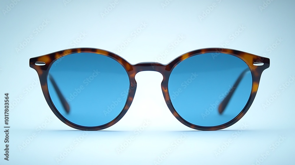 Classic tortoise shell sunglasses with blue lenses on a white background. Classic tortoise shell sunglasses with blue lenses on a white background.
