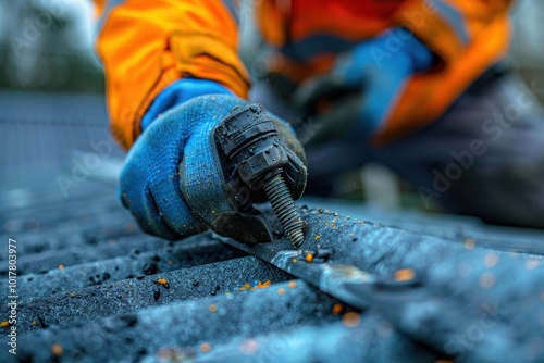 Worker wearing blue gloves and orange jacket tightening bolts on a metal surface, close-up shot with a blurred background.