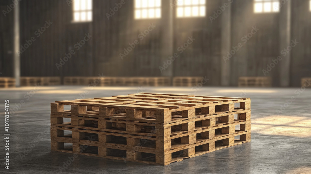 A stack of wooden pallets is sitting in a warehouse A stack of wooden pallets is sitting in a warehouse