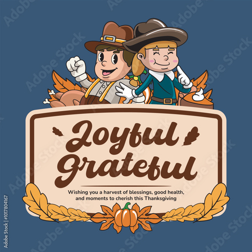 Happy Thanksgiving Pumpkin, Autumn Leaves, Girl and Boy Pilgrim in Vintage Retro Cartoon Mascot Illustration for sticker, badge, patch, banner, greeting card, invitation