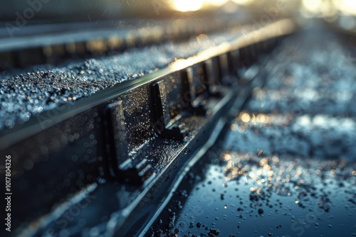 Close-up of wet railway tracks with gravel and shining reflections in the morning sunlight, symbolizing travel and journey. photo