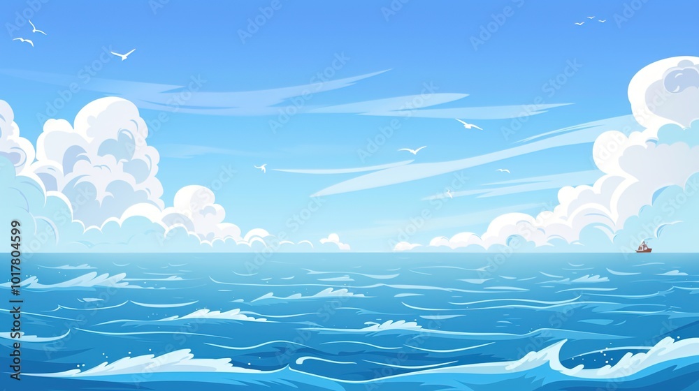 A beautiful scene of the blue ocean against the blue sky background. The ocean stretches out as far as the eye can see, with its surface glistening in the sunlight A beautiful scene of the blue ocean against the blue sky background. The ocean stretches out as far as the eye can see, with its surface glistening in the sunlight