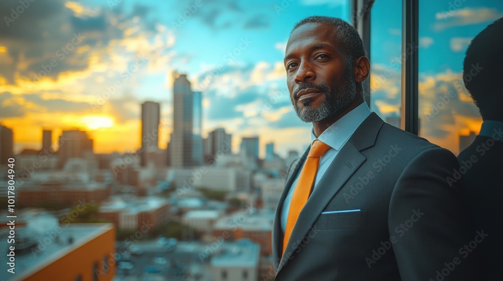 A distinguished man in business attire stands confidently on a rooftop, gazing over a sprawling cityscape beneath a vibrant sunset sky. A distinguished man in business attire stands confidently on a rooftop, gazing over a sprawling cityscape beneath a vibrant sunset sky.