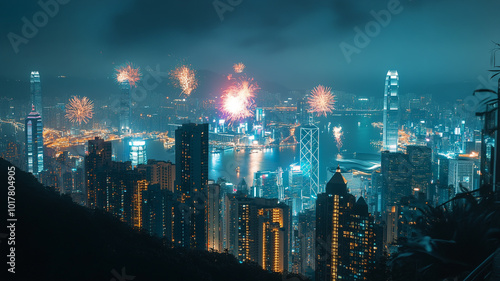 Celebrating the New Year 2025 with stunning fireworks above the Hong Kong skyline at midnight