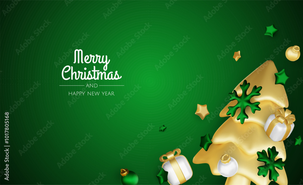 Fototapeta premium Happy New Year and Merry Christmas. Christmas holiday background with realistic 3d objects,gold and red bauble balls, conical metal stars. Levitation falling design composition.