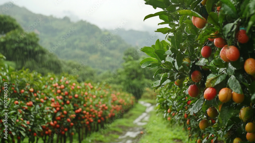 A lush green apple orchard with rain falling on the trees A lush green apple orchard with rain falling on the trees