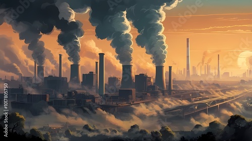 illustration of air pollution showing lots of factories emitting toxic emissions into the atmosphere