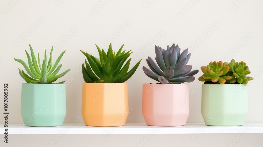A collection of vibrant succulents arranged in stylish geometric planters, displayed on a pristine white shelf. A collection of vibrant succulents arranged in stylish geometric planters, displayed on a pristine white shelf.