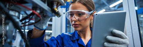 Female technician using tablet to troubleshoot machinery in industrial setting.