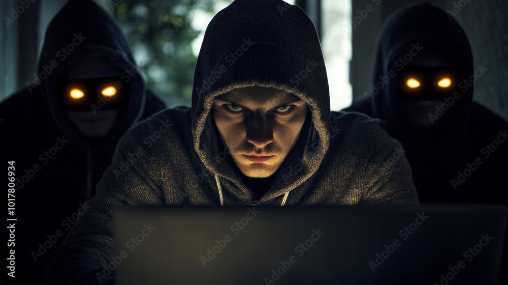 Three men are wearing hoodies and staring at a laptop Three men are wearing hoodies and staring at a laptop
