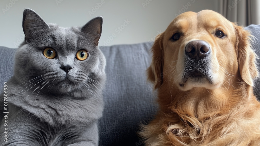 Fototapeta premium Brytyjski kot o krótkiej, srebrzystej sierści i eleganckim wyglądzie siedzi dostojnie, podczas gdy obok niego leży wyluzowany Golden Retriever.