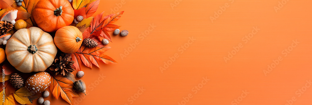 Modern autumn background featuring pumpkins and colorful leaves creating a frame on an orange background Modern autumn background featuring pumpkins and colorful leaves creating a frame on an orange background