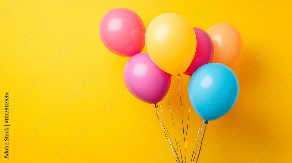 Bukiet jasnych balonów unosi się na tle żywego, kolorowego tła, które przypomina wesołą paletę barw.