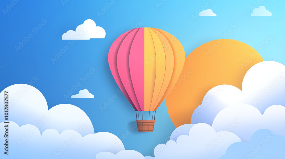 Flat design vector of a hot air balloon in the sky, surrounded by clouds, featuring bright colors and simple shading. Flat design vector of a hot air balloon in the sky, surrounded by clouds, featuring bright colors and simple shading.