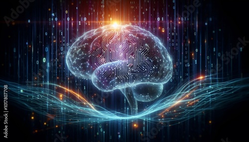 A futuristic digital brain interface illuminated by data streams and binary code, symbolizing AI, machine learning, and the power of technology in a connected, advanced, and data-driven world.