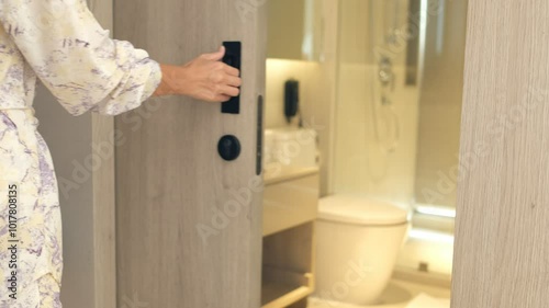 open the bathroom door, go to toilet
