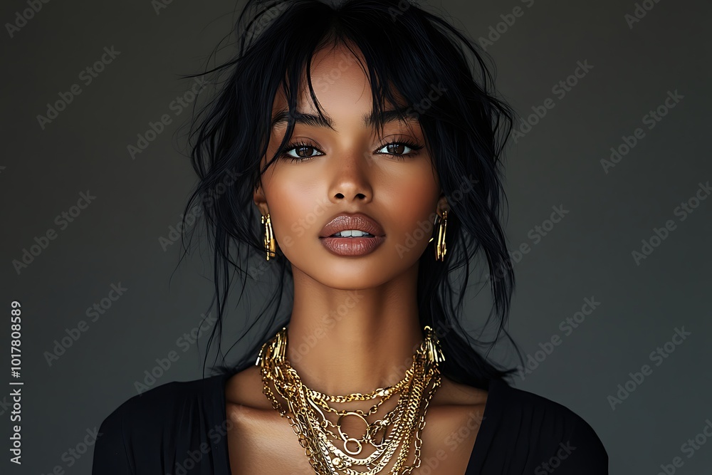 Chunky gold necklace on a model, ss2025 Chunky gold necklace on a model, ss2025