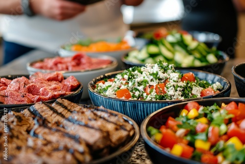 A table set with colorful picnic blankets and delicious side dishes. Guests are enjoying fresh salads, corn on the cob, and fruity, Generative AI