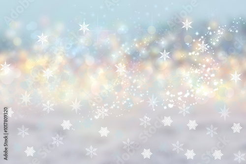 A festive abstract delicate Happy New Year or Christmas background texture with colorful gold yellow pink blurred bokeh lights and stars. Space for design. Card concept or advertising.