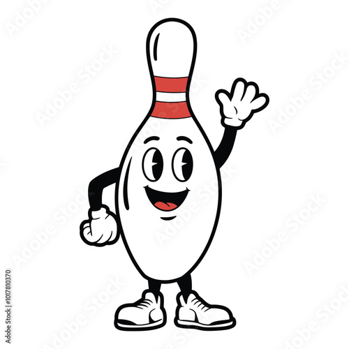 Cute Cartoon Bowling Pin Character Waving Illustration