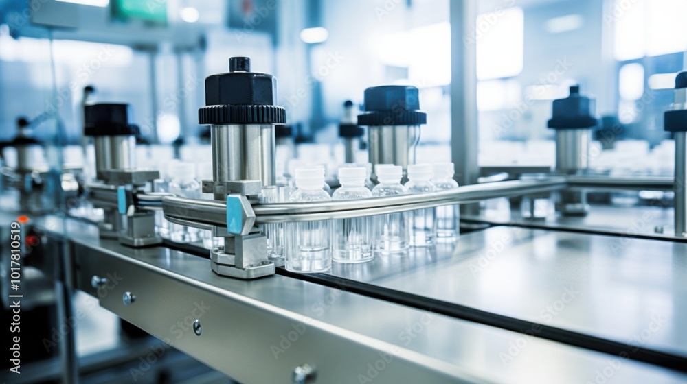 A sleek, modern pharmaceutical production line with rows of glass vials and advanced machinery, highlighting precision and innovation. A sleek, modern pharmaceutical production line with rows of glass vials and advanced machinery, highlighting precision and innovation.
