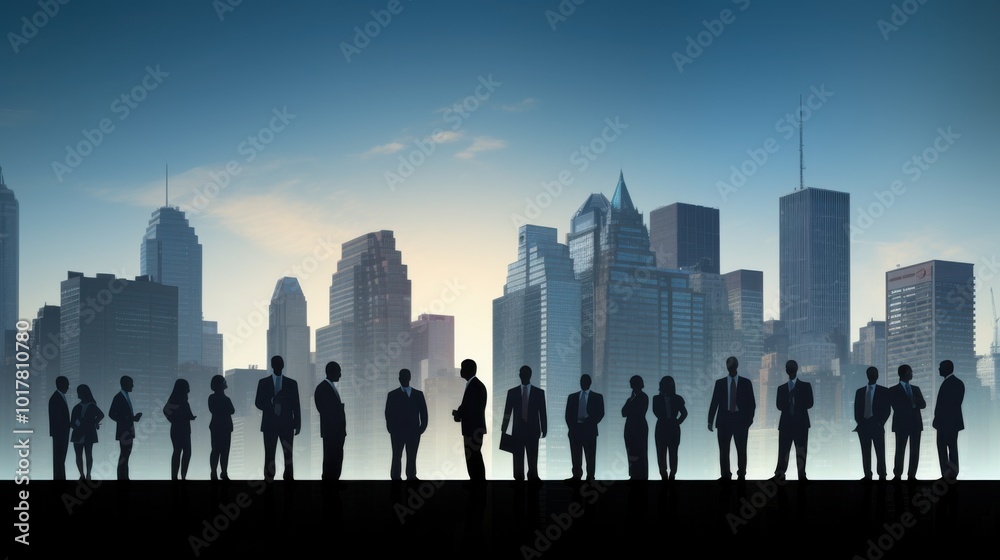 Silhouetted business people convene against a vast, glowing city skyline at dusk. Silhouetted business people convene against a vast, glowing city skyline at dusk.
