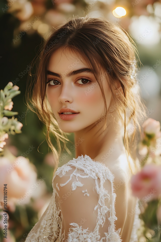 Woman in a lace midi dress at a formal garden party, ss2025 Woman in a lace midi dress at a formal garden party, ss2025