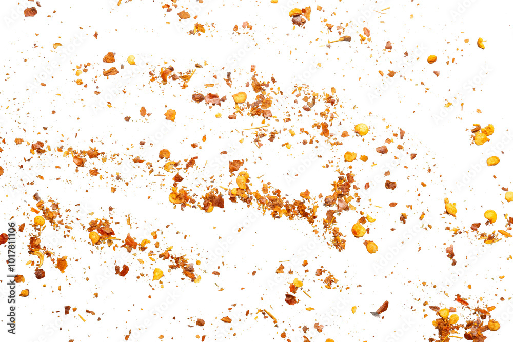 dried red chili pepper flakes and seeds isolated on white background dried red chili pepper flakes and seeds isolated on white background