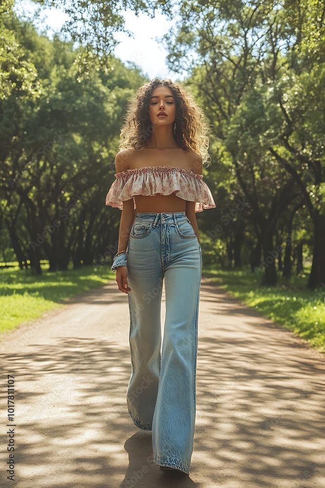 Fototapeta premium Woman in an off-shoulder blouse and wide-leg jeans, ss2025