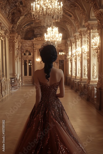 Woman in a silk halter neck gown at a formal event, ss2025 photo