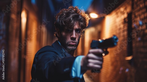 A tense man in a dark suit stands in a dimly lit alleyway, gripping a gun and ready to defend himself from an unseen threat. dark,moody,gloomy,eerie,alert,vigilant,tense,nervous