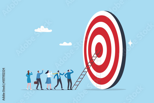 Climb corporate ladder to achieve career target, stair to reach work success, employee career path winning steps or achievement concept, business people employee queue to climb ladder to reach target.
